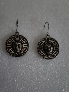 Hand Crafted Silver Wolf Medallion Drop Earrings